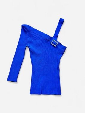 Vtg 90s y2k Wayne Rogers One-Shoulder Royal Blue Ribbed Top with Buckle Strap